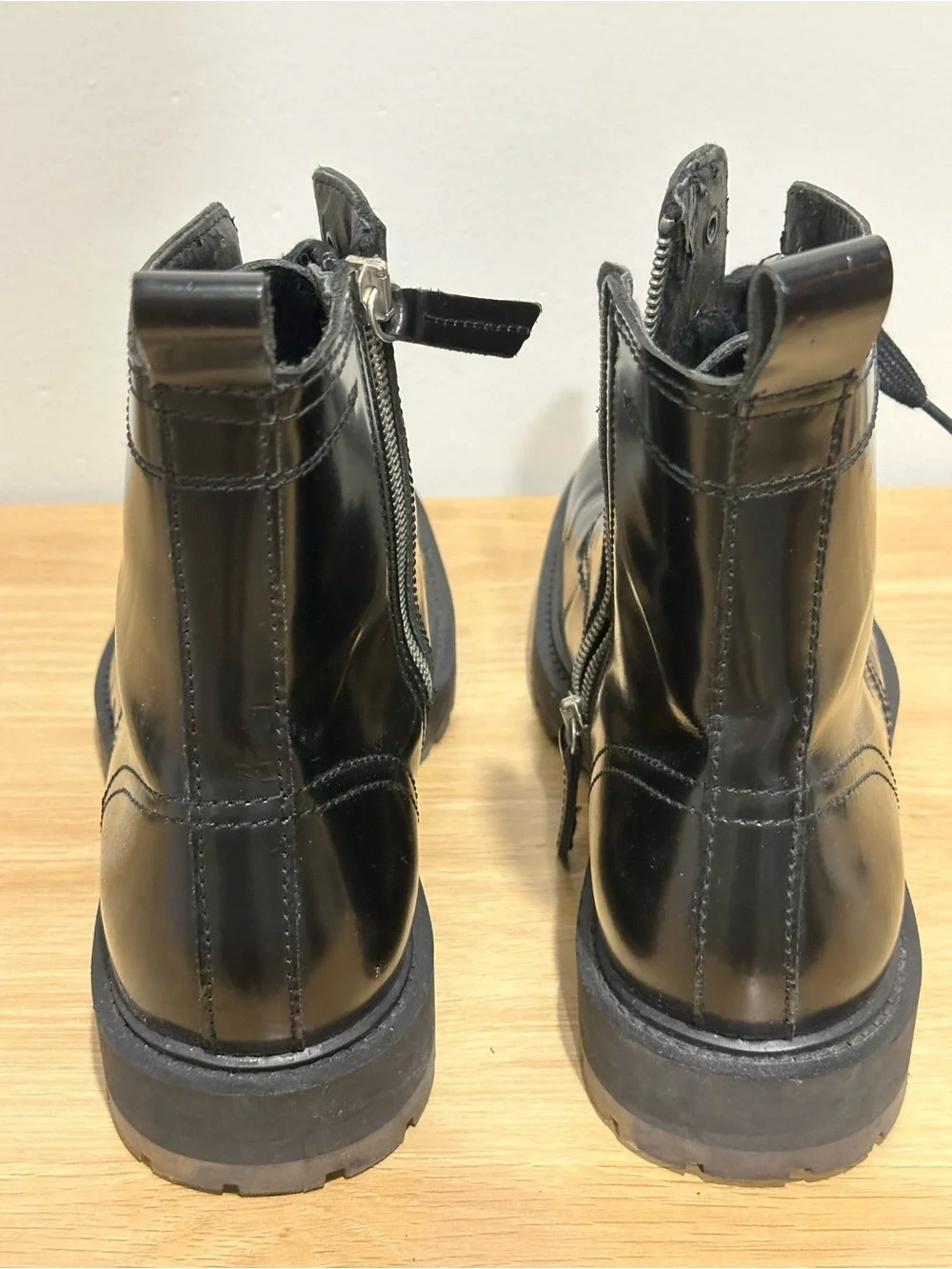 Zara Black Lace-Up Leather Zip Combat Boots